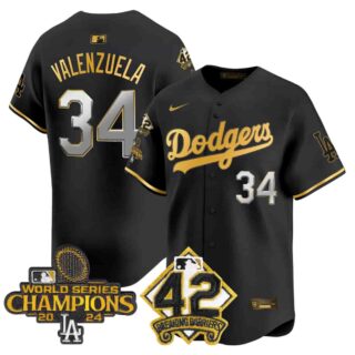 Men's Dodgers 2024 World Series Champions & Jackie Robinson Patch Vapor Premier Limited Jersey All Stitched Fernando Valenzuela #34