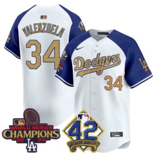 Men's Dodgers 2024 World Series Champions & Jackie Robinson Patch Vapor Premier Limited Jersey All Stitched Fernando Valenzuela #34