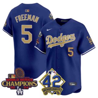Men's Dodgers 2024 World Series Champions & Jackie Robinson Patch Vapor Premier Limited Jersey All Stitched Freddie Freeman #5
