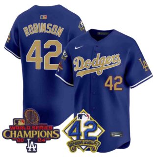 Men's Dodgers 2024 World Series Champions & Jackie Robinson Patch Vapor Premier Limited Jersey All Stitched Jackie Robinson #42