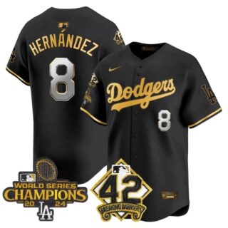 Men's Dodgers 2024 World Series Champions & Jackie Robinson Patch Vapor Premier Limited Jersey All Stitched Kike Hernandez #8