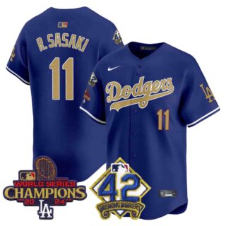 Men's Dodgers 2024 World Series Champions & Jackie Robinson Patch Vapor Premier Limited Jersey All Stitched Roki Sasaki #11