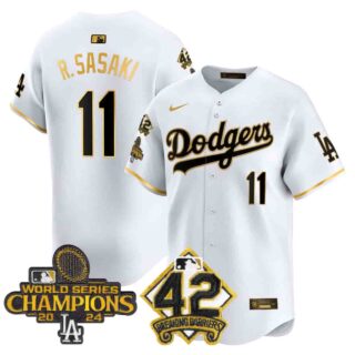 Men's Dodgers 2024 World Series Champions & Jackie Robinson Patch Vapor Premier Limited Jersey All Stitched Roki Sasaki #11