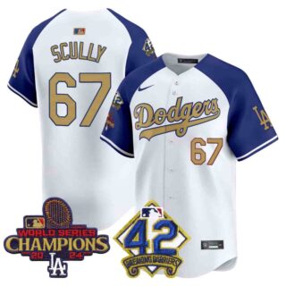 Men's Dodgers 2024 World Series Champions & Jackie Robinson Patch Vapor Premier Limited Jersey All Stitched Vin Scully #67