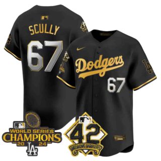 Men's Dodgers 2024 World Series Champions & Jackie Robinson Patch Vapor Premier Limited Jersey All Stitched Vin Scully #67