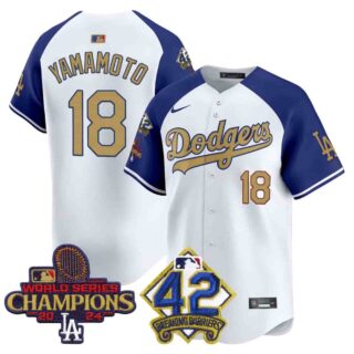Men's Dodgers 2024 World Series Champions & Jackie Robinson Patch Vapor Premier Limited Jersey All Stitched Yamamoto #18
