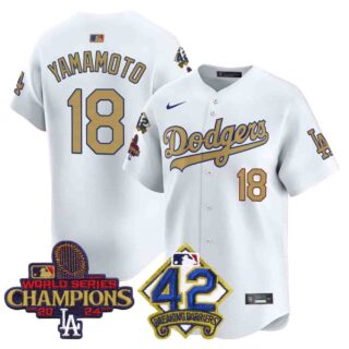 Men's Dodgers 2024 World Series Champions & Jackie Robinson Patch Vapor Premier Limited Jersey All Stitched Yamamoto