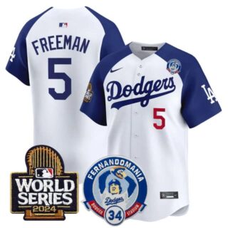 Men's Dodgers Fernando Valenzuela & 2024 World Series Patch Vapor Premier Limited Jersey V3 All Stitched Freddie Freeman