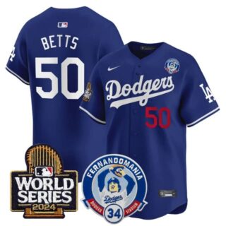 Men's Dodgers Fernando Valenzuela & 2024 World Series Patch Vapor Premier Limited Jersey V3 All Stitched Mookie Betts #50