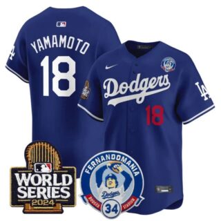Men's Dodgers Fernando Valenzuela & 2024 World Series Patch Vapor Premier Limited Jersey V3 All Stitched Yamamoto #18