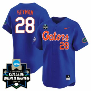 Men's Florida Gators #28 Luke Heyman 2324 Jersey 2024 College World Series Patch All Stitched Blue
