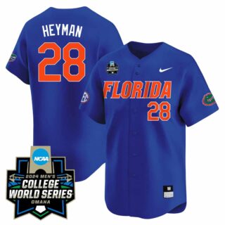 Men's Florida Gators #28 Luke Heyman 2324 Jersey 2024 College World Series Patch All Stitched Florida Blue