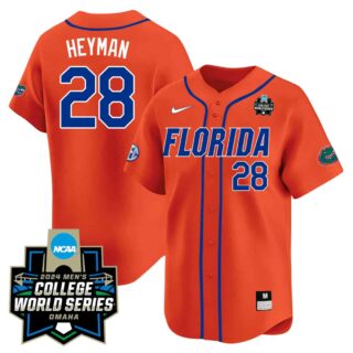 Men's Florida Gators #28 Luke Heyman 2324 Jersey 2024 College World Series Patch All Stitched Florida Orange