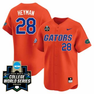 Men's Florida Gators #28 Luke Heyman 2324 Jersey 2024 College World Series Patch All Stitched Gators Orange