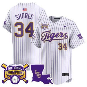 Men's LSU Tigers #34 Chase Shores 2025 World Series Champions Limited Jersey All Stitched