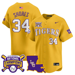Men's LSU Tigers #34 Chase Shores 2025 World Series Champions Limited Jersey All Stitched