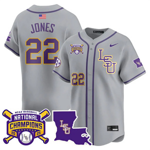Men's LSU Tigers #22 Jared Jones 2025 World Series Champions Limited Jersey All Stitched