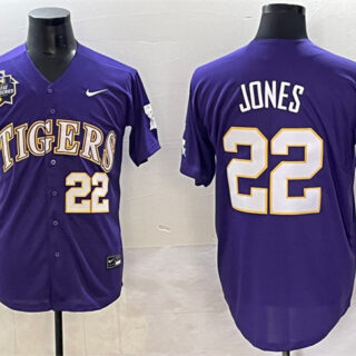 Men's LSU Tigers #22 Jared Jones Purple 2025 World Series & SEC Patch Stitched Baseball Jersey