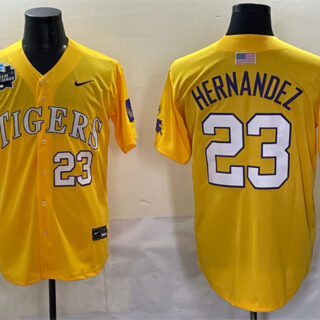 Men's LSU Tigers #23 Luis Hernandez Gold 2025 World Series & SEC Patch Stitched Baseball Jersey