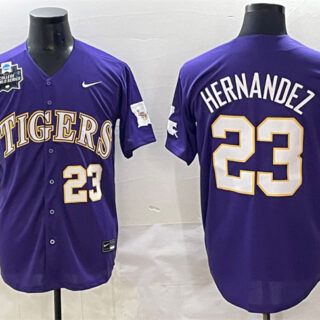 Men's LSU Tigers #23 Luis Hernandez Purple 2025 World Series & SEC Patch Stitched Baseball Jersey