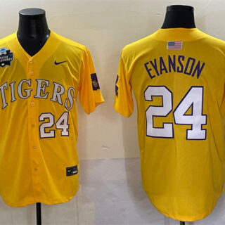 Men's LSU Tigers #24 Anthony Eyanson Gold 2025 World Series & SEC Patch Stitched Baseball Jersey