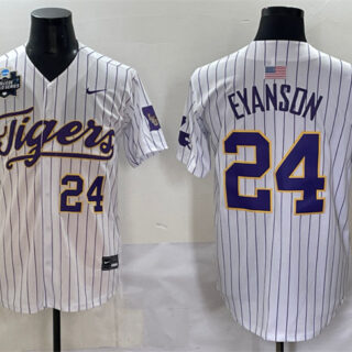 Men's LSU Tigers #24 Anthony Eyanson White Pinstripe 2025 World Series & SEC Patch Stitched Baseball Jersey