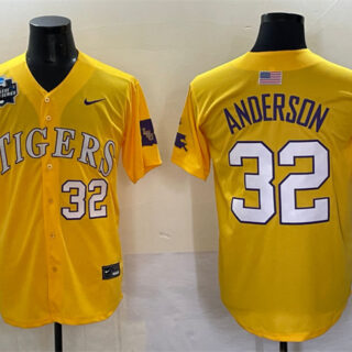 Men's LSU Tigers #32 Kade Anderson Gold 2025 World Series & SEC Patch Stitched Baseball Jersey