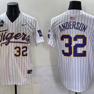 Men's LSU Tigers #32 Kade Anderson White Pinstripe 2025 World Series & SEC Patch Stitched Baseball Jersey