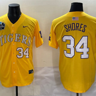 Men's LSU Tigers #34 Chase Shores Gold 2025 World Series & SEC Patch Stitched Baseball Jersey