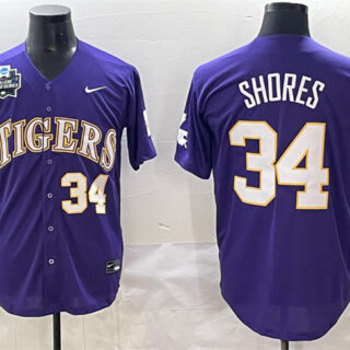 Men's LSU Tigers #34 Chase Shores Purple 2025 World Series & SEC Patch Stitched Baseball Jersey