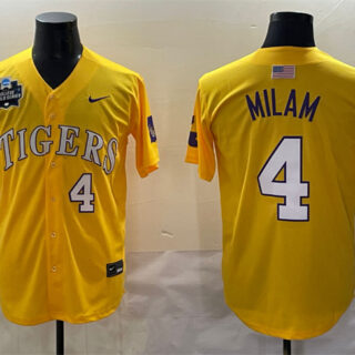 Men's LSU Tigers #4 Steven Milam Gold 2025 World Series & SEC Patch Stitched Baseball Jersey