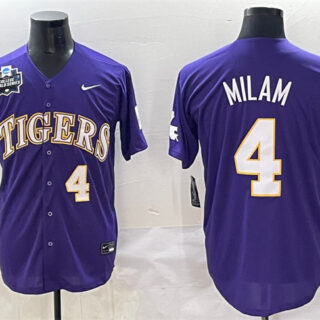 Men's LSU Tigers #4 Steven Milam Purple 2025 World Series & SEC Patch Stitched Baseball Jersey