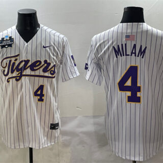 Men's LSU Tigers #4 Steven Milam White Pinstripe 2025 World Series & SEC Patch Stitched Baseball Jersey