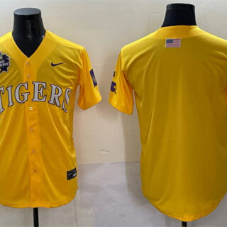 Men's LSU Tigers Blank Gold 2025 World Series & SEC Patch Stitched Baseball Jersey