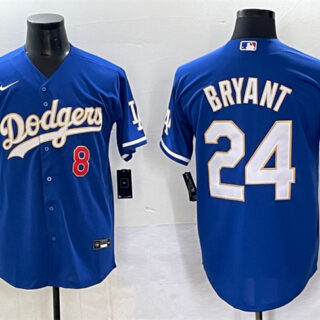 Men's Los Angeles Dodgers Front #8 Back #24 Kobe Bryant Blue Gold Cool Base Stitched Jersey