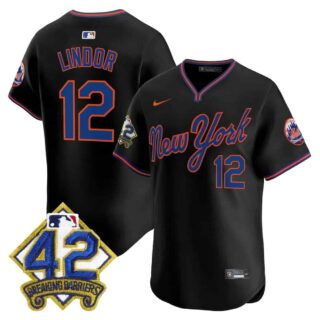 Men's New York Mets 2025 Jackie Robinson Patch Road Alternate Jersey All Stitched Francisco Lindor #12