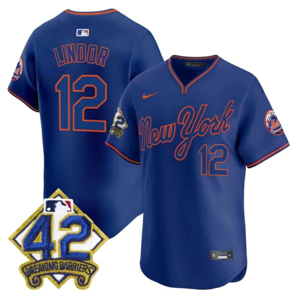 Men's New York Mets 2025 Jackie Robinson Patch Road Alternate Jersey All Stitched Francisco Lindor #12