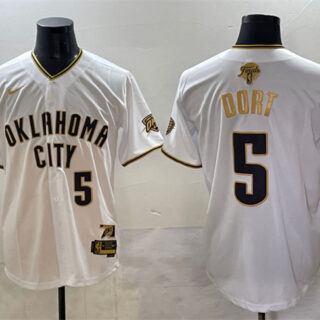 Men's Oklahoma City Thunder #5 Luguentz Dort White Gold 2025 Finals Vapor Stitched Baseball Jersey