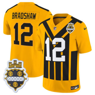 Men's Pittsburgh Steelers #12 Terry Bradshaw Gold 1933 F.U.S.E. Throwback Alternate Football Stitched Football Jersey