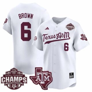 Men's Texas A&M Aggies #6 Taylor Brown 2025 SEC Softball Conference Tournament Champions Patch Vapor Premier Limited Pinstripe Jersey All Stitched