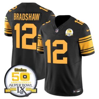 Men's Pittsburgh Steelers 50th Anniversary Of Super Bowl IX Patch Vapor Limited Jersey All Stitched Terry Bradshaw #12
