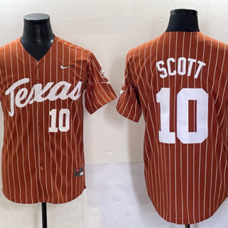Men's Texas Longhorns #10 Mia Scott Orange Pinstripe 2025 Softball National Champions & SEC Patch Stitched Jersey