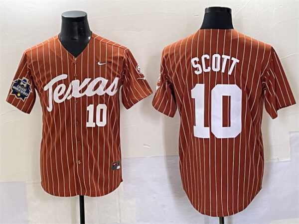 Men's Texas Longhorns #10 Mia Scott Orange Pinstripe 2025 World Series & SEC Patch Stitched Jersey