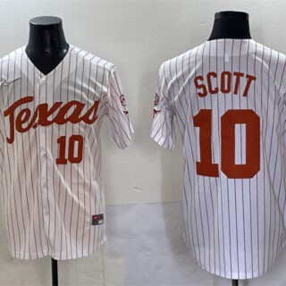 Men's Texas Longhorns #10 Mia Scott White Pinstripe 2025 Softball National Champions & SEC Patch Stitched Jersey