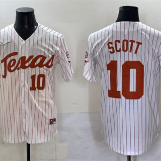 Men's Texas Longhorns #10 Mia Scott White Pinstripe 2025 World Series & SEC Patch Stitched Jersey