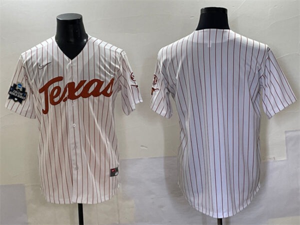 Men's Texas Longhorns Blank White Pinstripe 2025 World Series & SEC Patch Stitched Jersey