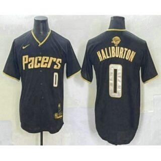 Men's Indiana Pacers #0 Tyrese Haliburton Black Gold 2025 Finals Vapor Stitched Baseball Jersey
