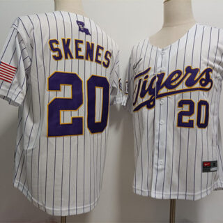 Mens LSU Tigers #20 Paul Skenes Nike White Pinstripe 2023 College Baseball Jersey