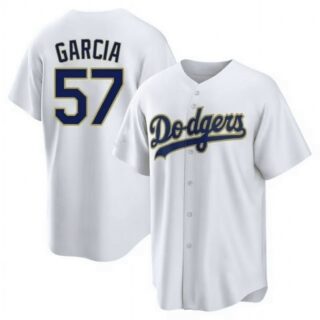 Men's Los Angeles Dodgers #57 Luis Garcia White Gold Cool Base Stitched Baseball Jersey