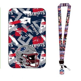 New England Patriots ID Stickers Badge Holder with Lanyard, Hard Plastic Key Card Work Badge Sleeve for Office, School, Factory, ID Credit Cards Proximit